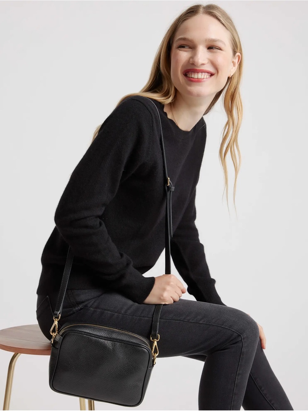 QUINCE Black Leather Gemma MC Crossbody Bag with Gold Hardware